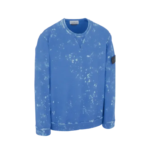 3D model of a blue tie-dye crewneck sweatshirt with a bleached pattern, shown from a slight angle.