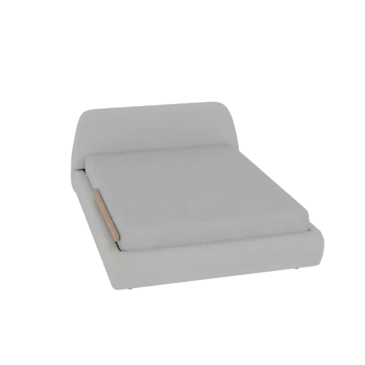 3D model of a modern upholstered bed frame with a light gray mattress and a subtle wooden accent on the side.