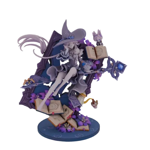 3D model of a mystical witch in a grey dress and hat, sitting with an open book and a small familiar, surrounded by purple fl