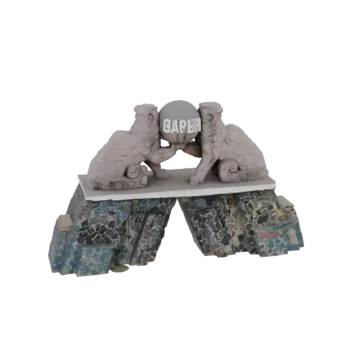 3D model of a statue featuring two grey lions interacting with a ball labeled 'GAPER' on a mosaic-tiled base.
