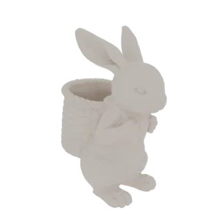 مجسم ثلاثي الأبعاد لأرنب فاتح اللون يحمل أصيص سلة على ظهره، بأذنين كبيرتين وتعبير ودود.