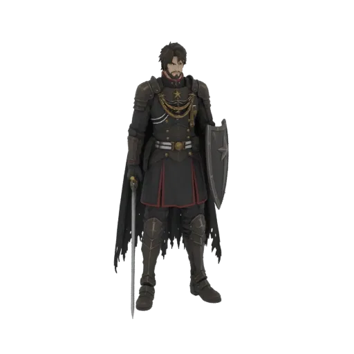 3D model of a fantasy general in dark armor, holding a sword and shield, with a tattered black cape.