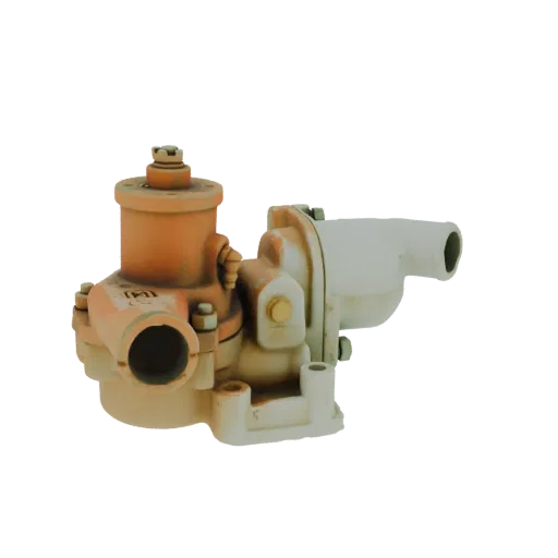 3D model of an industrial gas regulator with an orange top and white base, showing pipe connections and mounting details.