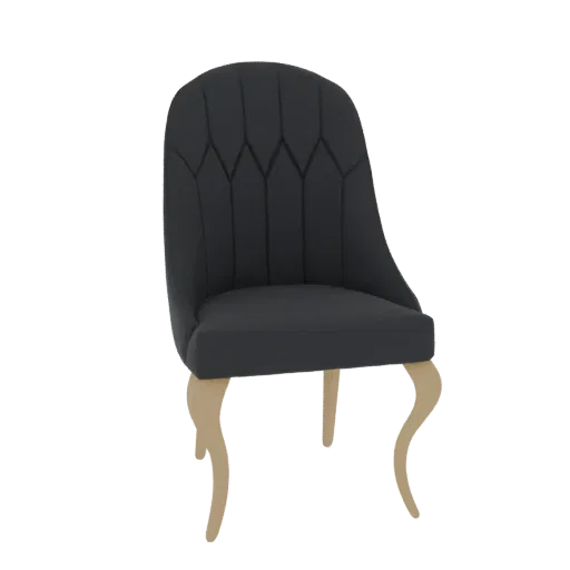 A dark upholstered dining chair with a high, tufted back and carved light wood legs, presented as a 3D model.