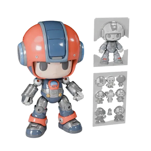 Aperçu réaliste du modèle 3D de Figurine Robot Chibi montrant la pose, la vue de scène en trois quarts et les détails de surf