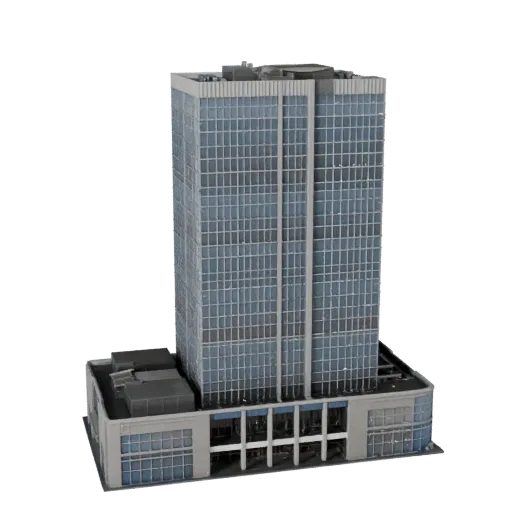 Modèle 3D de gratte-ciel futuriste haute poly, vue rapprochée de rendu architectural, montrant les matériaux de bâtiment de b