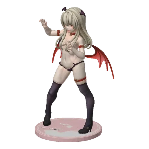 3D model of a succubus figure with blonde hair, red wings, dark horns, and a seductive pose, standing on a circular base.