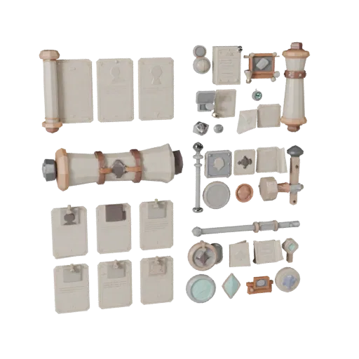 Market Scroll Bundle Low Poly 3D model, game viewport three-quarter view, showing paper-like cards, form detail.