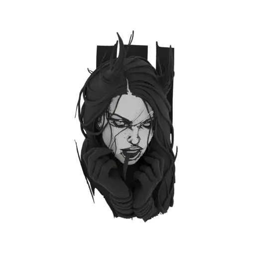 3D model of a gothic sorceress bust with wild hair and an intense expression, rendered in a black and white comic art style.