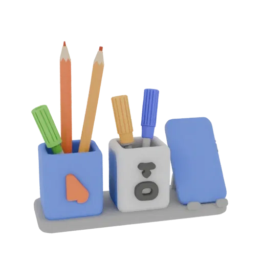 3D model of a desktop organizer with compartments for pens, pencils, markers, and a phone stand