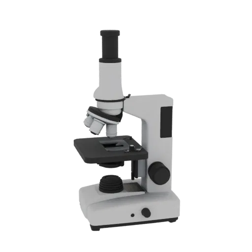 Research Microscope 3D model, three-quarter front view, AR viewer studio render, showing glass, recognizable lab forms.