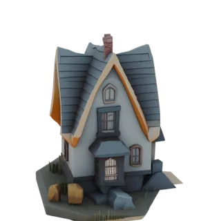 3D model of a whimsical storybook house with a steep blue roof, orange trim, brick chimney, and a bay window, set on a small