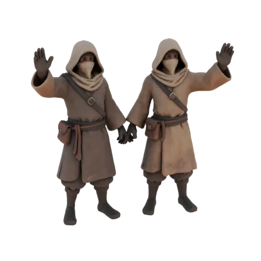 3D model of two desert wanderers in cloaks and masks, one greeting with left hand, the other with right.