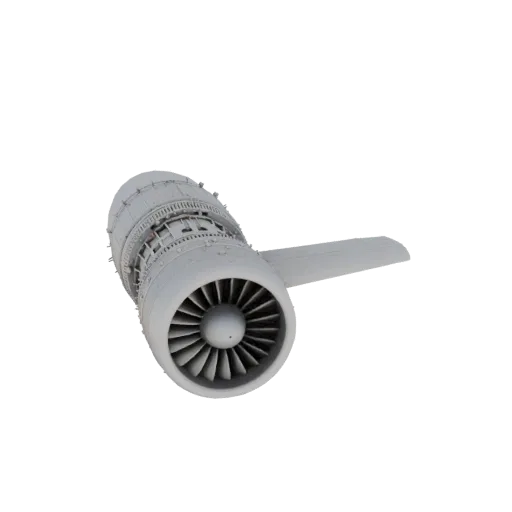 3D model of an aircraft jet engine, front view, gray color, detailed fan blades