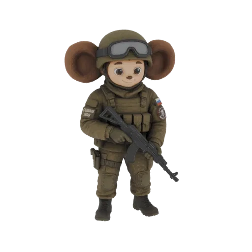 3D model of Cheburashka character dressed as a soldier, wearing a helmet and tactical gear, holding an assault rifle.