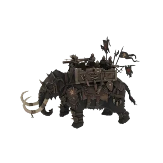 3D model of a dark-colored war mammoth with large tusks, carrying a wooden war wagon with warriors and banners, on a white ba
