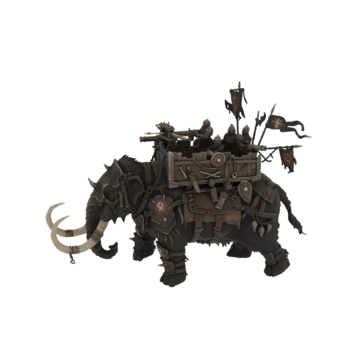 3D-Modell eines dunkel gefärbten Kriegsmammuts mit großen Stoßzähnen, das einen hölzernen Kriegs-Wagen mit Kriegern und Banne