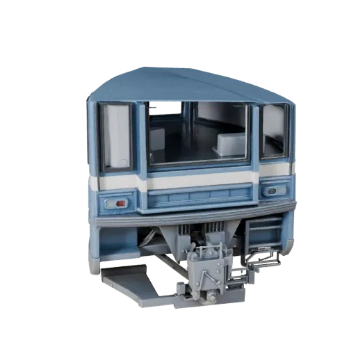 Hochauflösendes 3D-Modell einer Straßenbahn, Nahaufnahme im Studio, hochauflösendes Fahrzeug-Asset mit schienenfertigem Profi