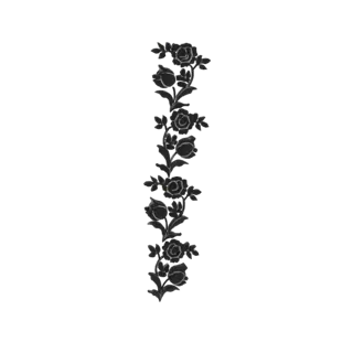 Modelo 3D de una elegante guirnalda vertical de rosas y hojas estilizadas, renderizada en un estilo oscuro y monocromático.