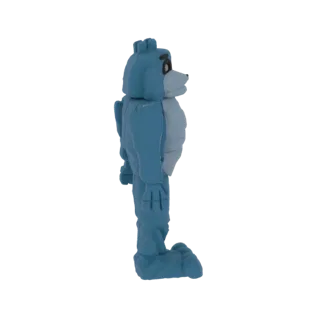 Vista lateral de un modelo 3D de un oso azul de dibujos animados con expresión amigable, de pie sobre un fondo blanco.