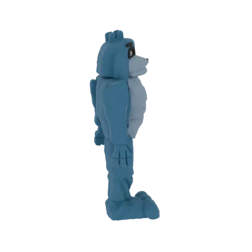 Vista lateral de um modelo 3D de um urso azul de desenho animado mascote com expressão amigável, em pé contra um fundo branco