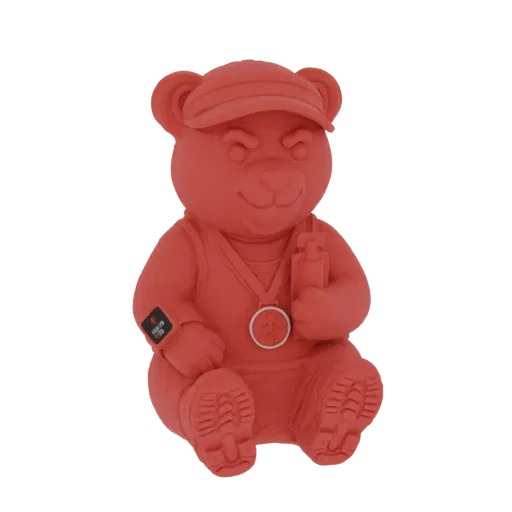 3D model of a red bear wearing a cap and medal, holding a bottle, in a seated pose.