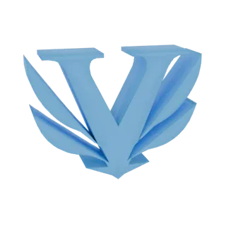 Render 3D de un logotipo abstracto azul 'V' con acentos fluidos similares a alas, sobre un fondo blanco.