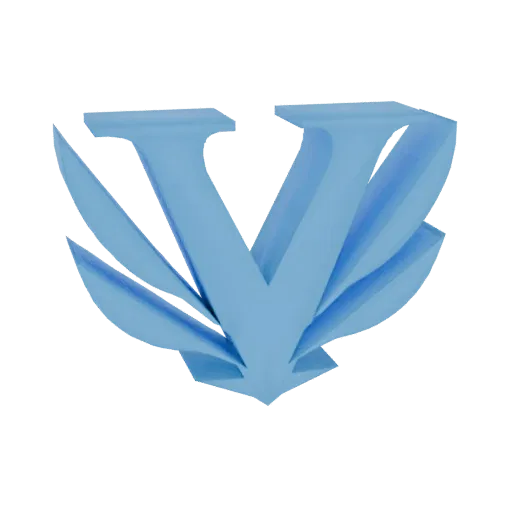 3D render of an abstract blue 'V' logo with flowing, wing-like accents, set against a white background.