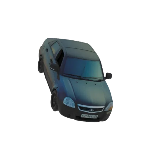 A 3D render of a dark, modern sedan with a glossy finish, viewed from a slightly elevated angle.