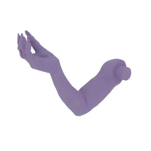 A 3D render of a purple arm with an open hand, posed gracefully against a white background.