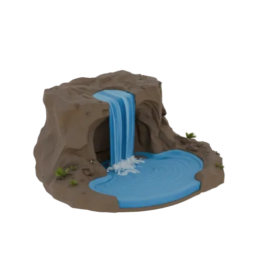 Cave Waterfall Pool Printable 3D model, isometric tabletop STL render, showing wet stone, water edges.