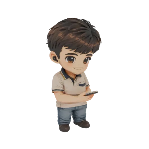 3D model of a chibi-style young man holding a smartphone and wearing earbuds, depicted against a black background.
