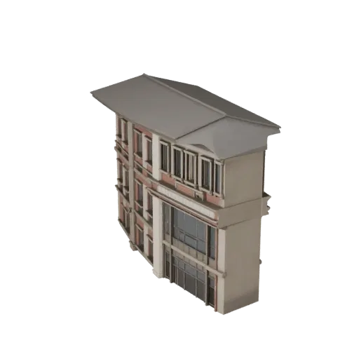 Industrial Facade realistic 3D model, three-quarter exterior view, showing building facade materials and architectural detail