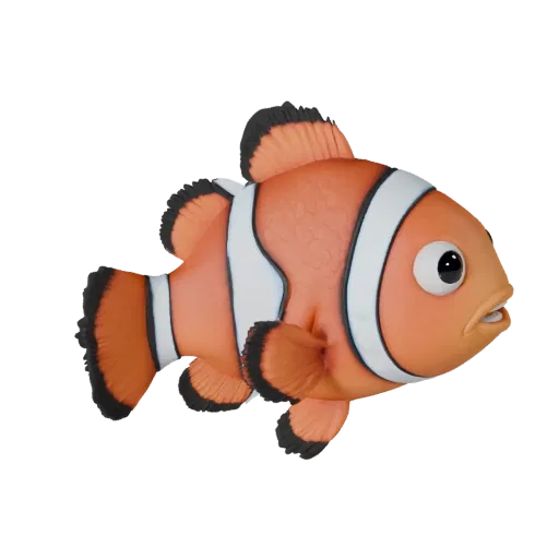Modelo 3D de pez payaso, render de vida silvestre en vista lateral, asset de animal listo para Blender con ruptura de superfi