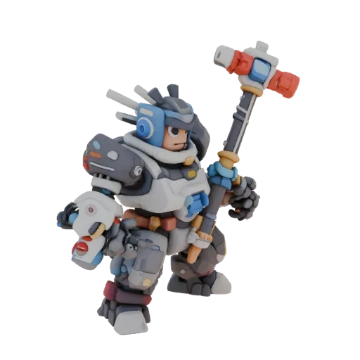 3D model cyberpunk robot with hammer, detailed armor, futuristic design