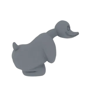 Un rendering 3D di un anatroccolo dei cartoni animati carino e grigio in una posa giocosa, isolato su uno sfondo bianco.