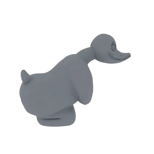 Un rendering 3D di un anatroccolo dei cartoni animati carino e grigio in una posa giocosa, isolato su uno sfondo bianco.