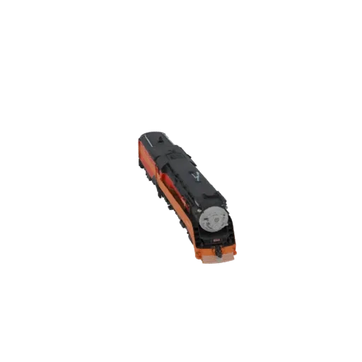 A 3D model of a streamlined steam locomotive with an orange and black livery, viewed from a high angle.