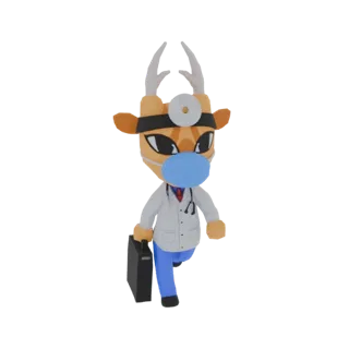 Modello 3D di un cervo cartone animato con camice da dottore, mascherina e specchio frontale, che tiene una valigetta.