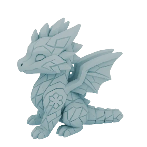 A 3D model of a cute, light blue Ice Dragon cub sitting down, with faceted, crystalline scales and closed eyes.