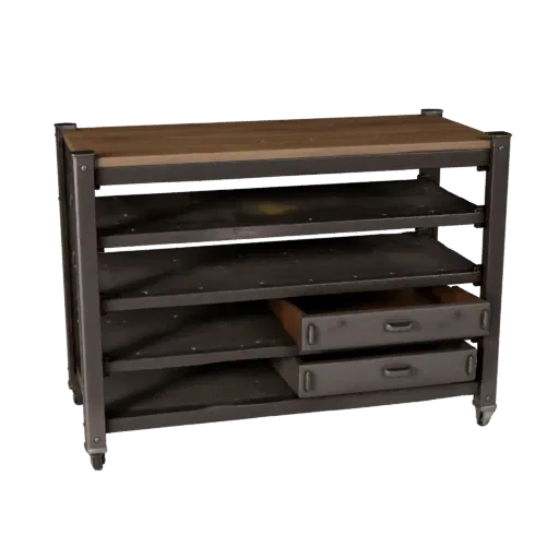 Maker Parts Rack 3D-Modell, Seitenprofilansicht, technischer Viewport-Render, zeigt Stahlrahmen, stabile Vorrichtungen.