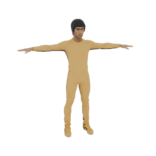 3D model of Bruce Lee in a yellow tracksuit, standing with arms outstretched.