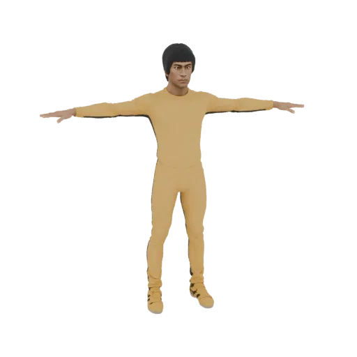 3D model of Bruce Lee in a yellow tracksuit, standing with arms outstretched.