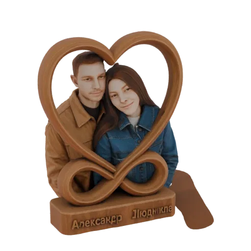 3D model of a couple embracing within a heart and infinity symbol sculpture, with engraved text on the base.