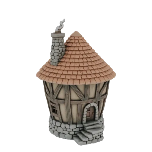 Modello 3D di un pittoresco cottage stile Tudor con tetto di paglia, camino in pietra che emette fumo e muri a graticcio, su