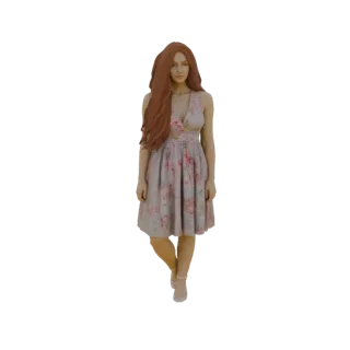 Modelo 3D de mujer con cabello largo castaño rojizo, vestida con un vestido de verano gris claro con estampado floral rosa, d