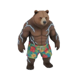 3D model of a muscular brown bear wearing colorful Hawaiian shorts and white lightning bolt markings on its body.