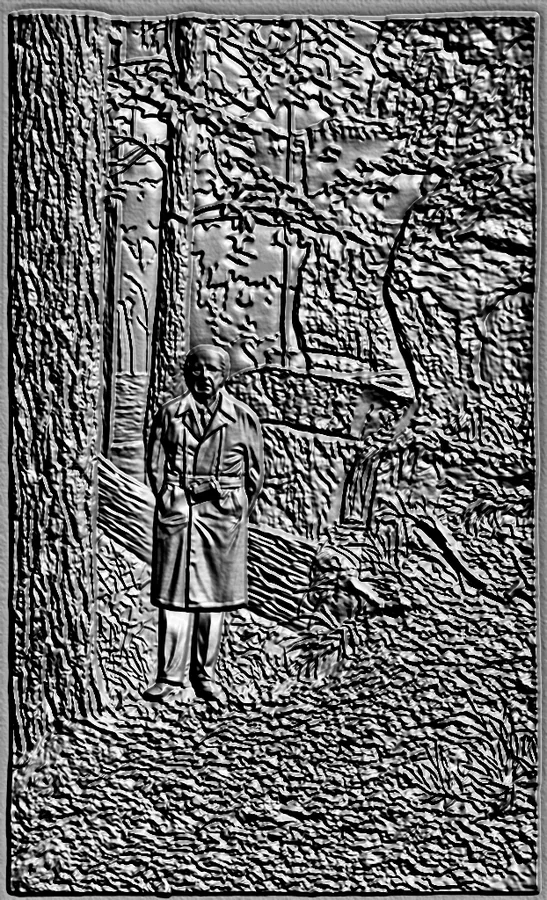 3D model of a bas-relief man in a coat in a forest, with detailed tree and clothing textures.