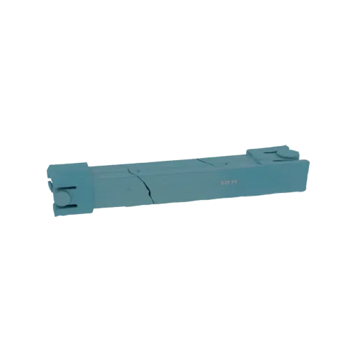 3D model of a teal plastic housing unit with a large crack across its body, viewed from a slight angle.