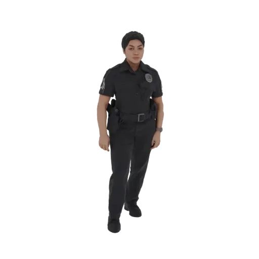 3D model of a female police officer standing, wearing a dark uniform and utility belt.